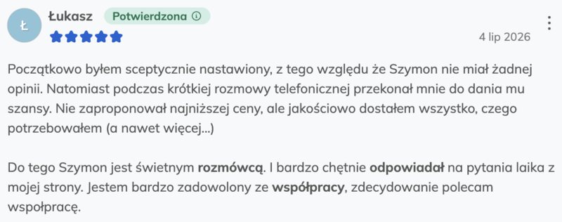 Opinia Łukasza, 5 gwiazdek, Oferteo: „Początkowo byłem sceptycznie nastawiony... Jestem bardzo zadowolony ze współpracy, zdecydowanie polecam.”